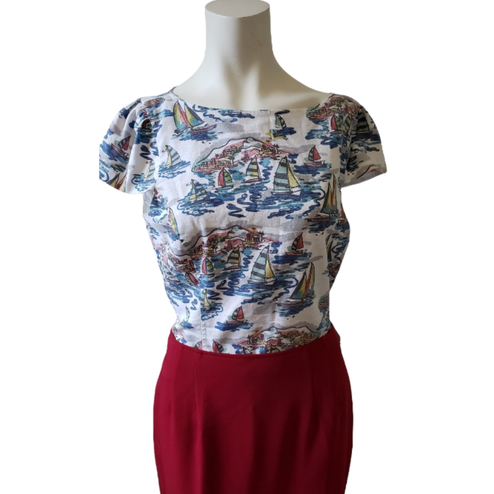 Nine West size 10 nautical sail boat linen cotton blend short sleeve blouse